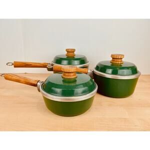 Vintage Club Aluminum Avocado Green 3 Piece Cookware Set Wood Handles MCM USA